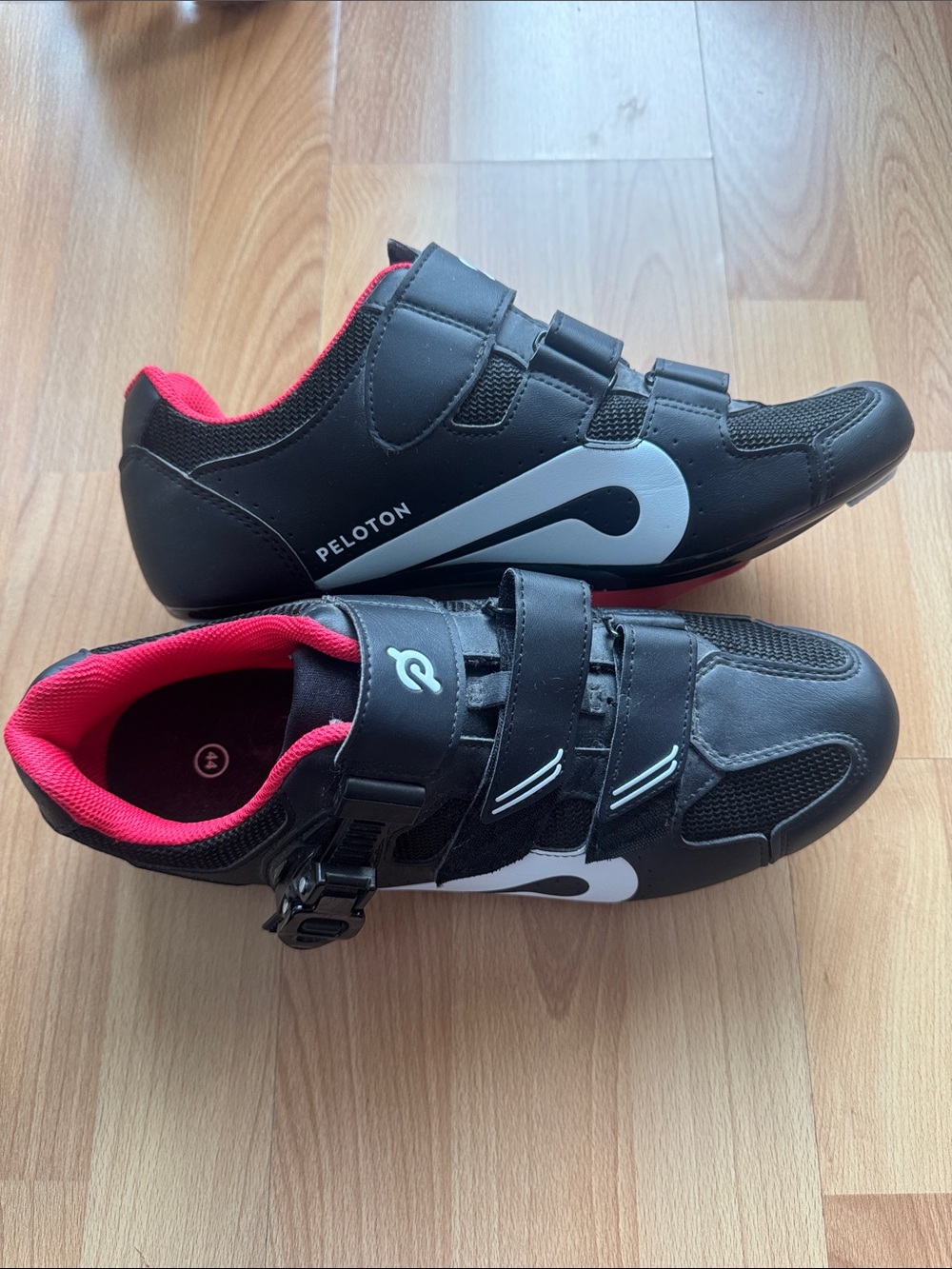 Peloton Black Cycling Shoes with Red Trim and White Accents